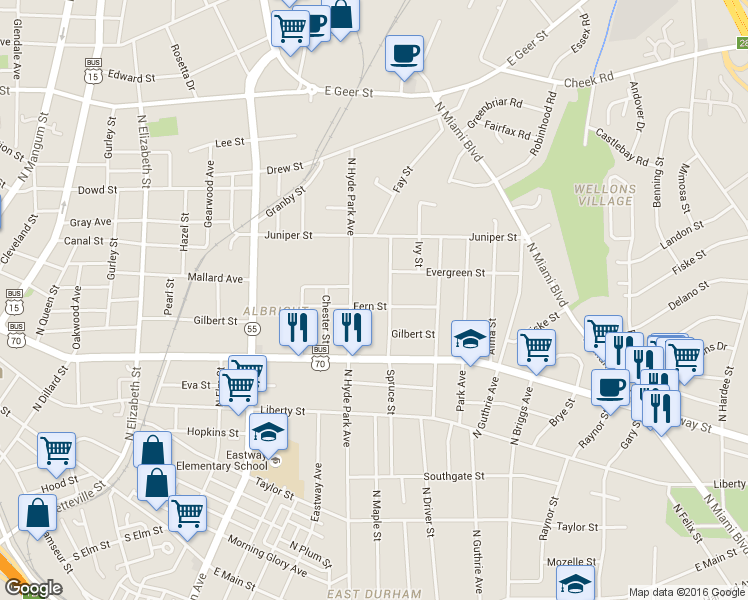 map of restaurants, bars, coffee shops, grocery stores, and more near 1111 Spruce Street in Durham