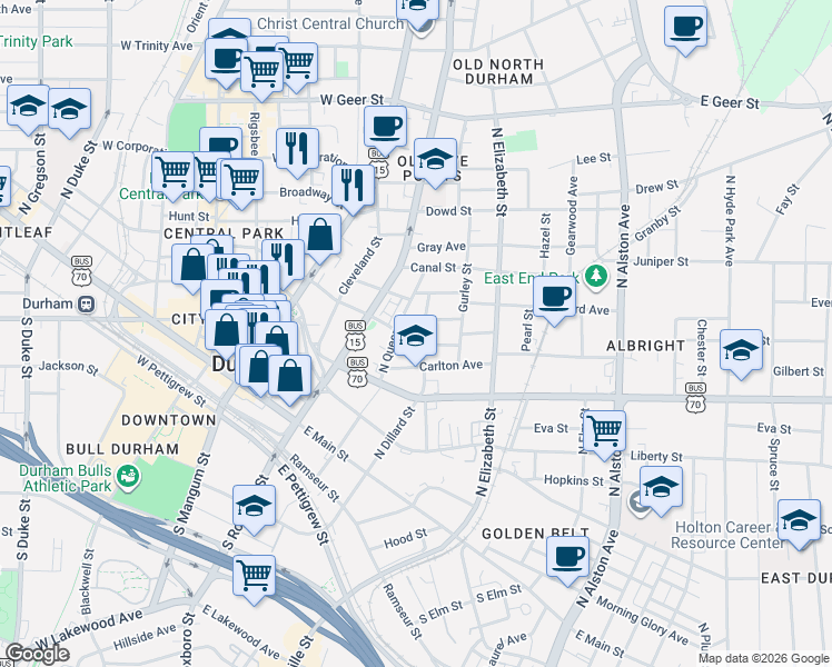 map of restaurants, bars, coffee shops, grocery stores, and more near in Durham