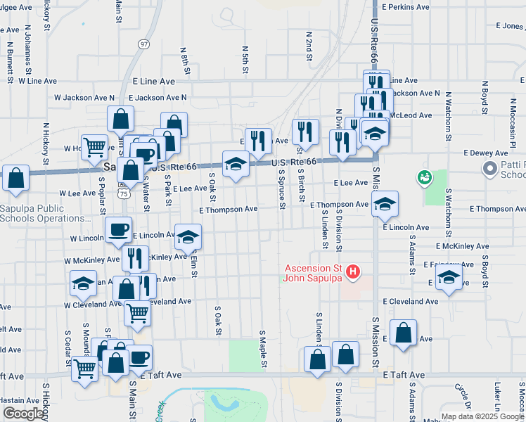 map of restaurants, bars, coffee shops, grocery stores, and more near 620 East Lee Avenue in Sapulpa