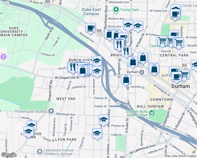 map of restaurants, bars, coffee shops, grocery stores, and more near 807 West Chapel Hill Street in Durham