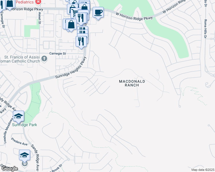 map of restaurants, bars, coffee shops, grocery stores, and more near 2180 Skyline Heights Lane in Henderson