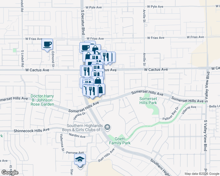 map of restaurants, bars, coffee shops, grocery stores, and more near 10605 Casa Bianca Street in Las Vegas