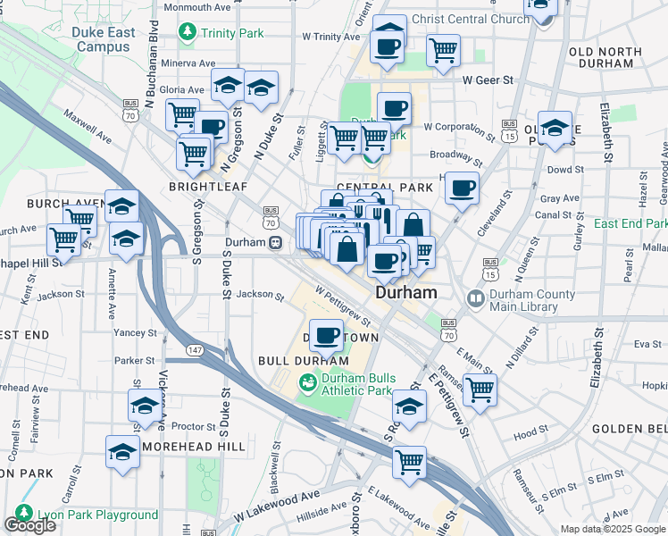 map of restaurants, bars, coffee shops, grocery stores, and more near 309 West Morgan Street in Durham