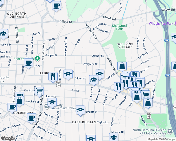 map of restaurants, bars, coffee shops, grocery stores, and more near 1104 North Driver Street in Durham