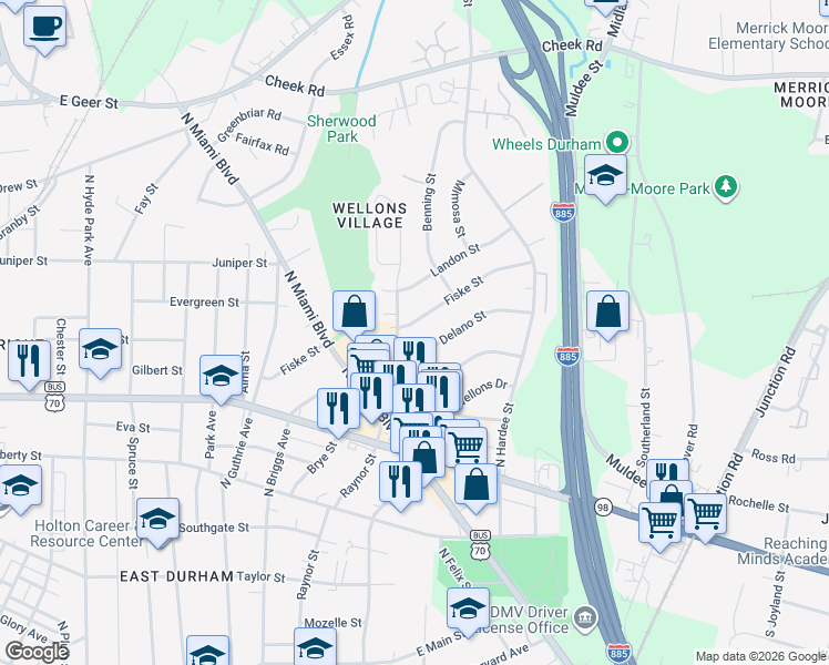 map of restaurants, bars, coffee shops, grocery stores, and more near 1104 Fiske Street in Durham