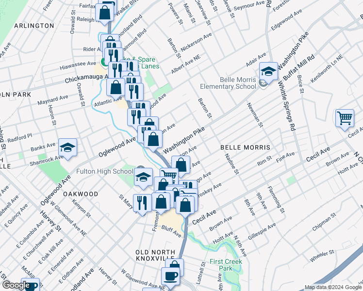 map of restaurants, bars, coffee shops, grocery stores, and more near 1510 Washington Pike in Knoxville