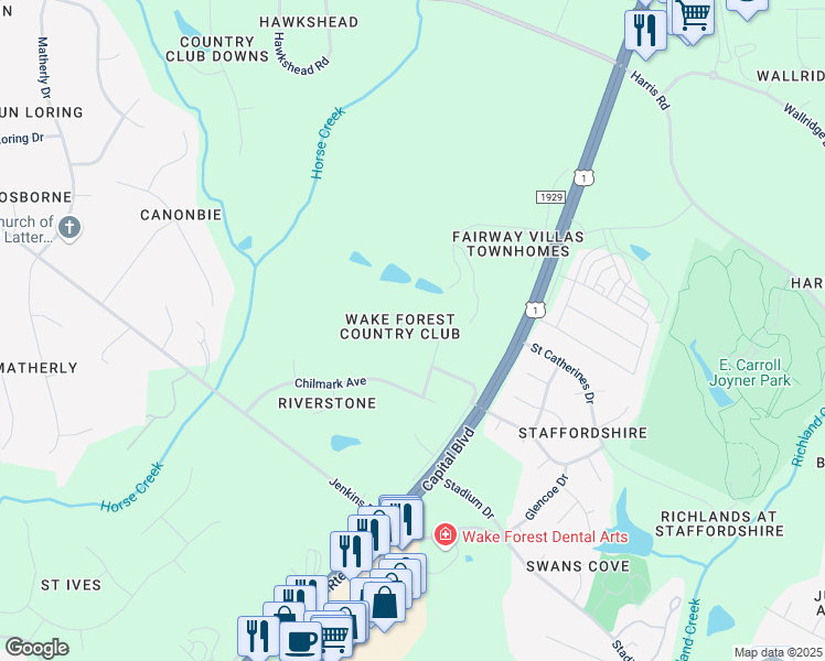 map of restaurants, bars, coffee shops, grocery stores, and more near 1336 Country Club Drive in Wake Forest