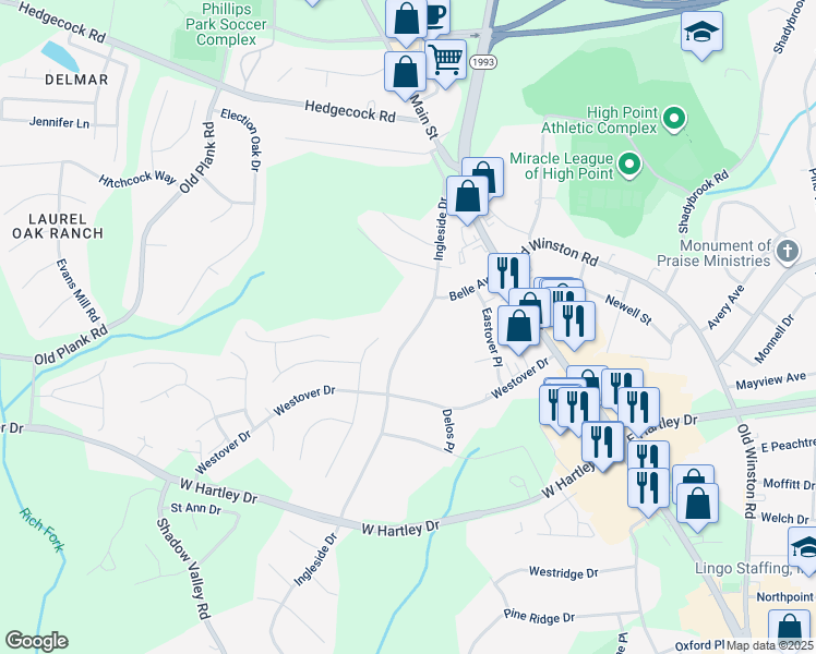map of restaurants, bars, coffee shops, grocery stores, and more near 2919 Ingleside Drive in High Point