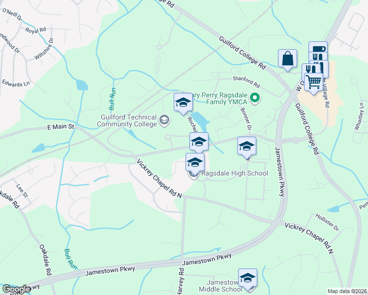 map of restaurants, bars, coffee shops, grocery stores, and more near 618 High Point Rd in Jamestown