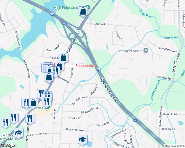 map of restaurants, bars, coffee shops, grocery stores, and more near 2545 Ambassador Court in High Point