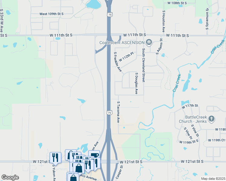 map of restaurants, bars, coffee shops, grocery stores, and more near 11524 South Franklin Avenue in Jenks