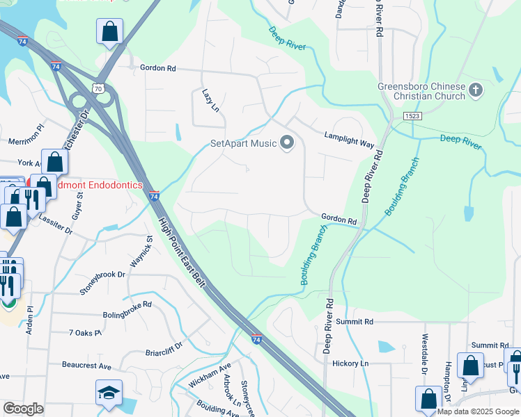 map of restaurants, bars, coffee shops, grocery stores, and more near 3205 Quail Run Drive in High Point