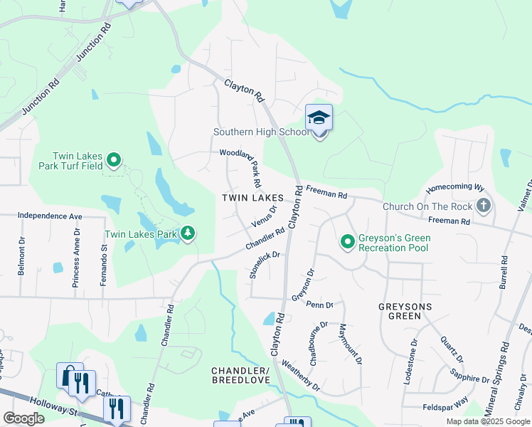map of restaurants, bars, coffee shops, grocery stores, and more near 3406 Woodland Park Road in Durham