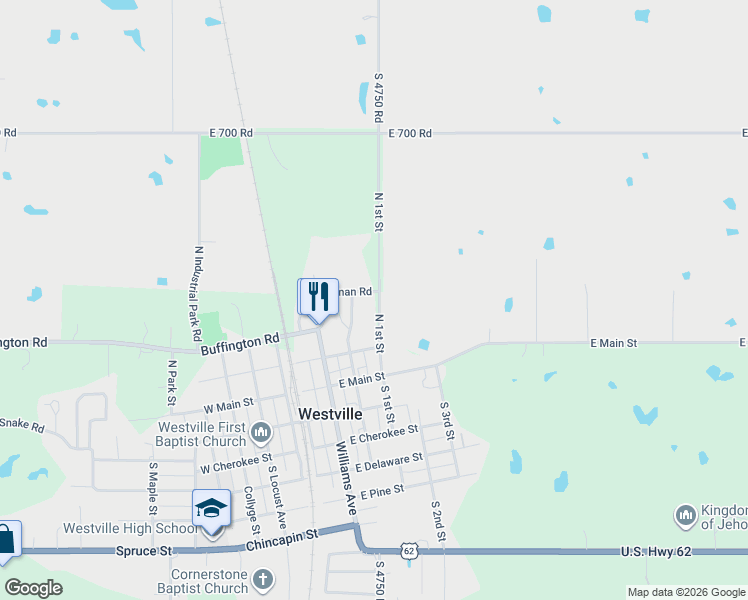 map of restaurants, bars, coffee shops, grocery stores, and more near 1382 North 1st Street in Westville