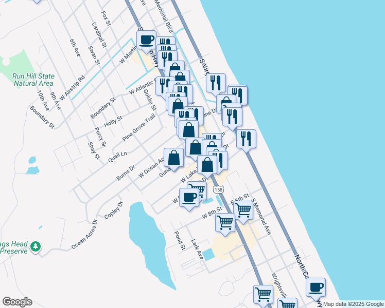 map of restaurants, bars, coffee shops, grocery stores, and more near 1708 South Croatan Highway in Kill Devil Hills
