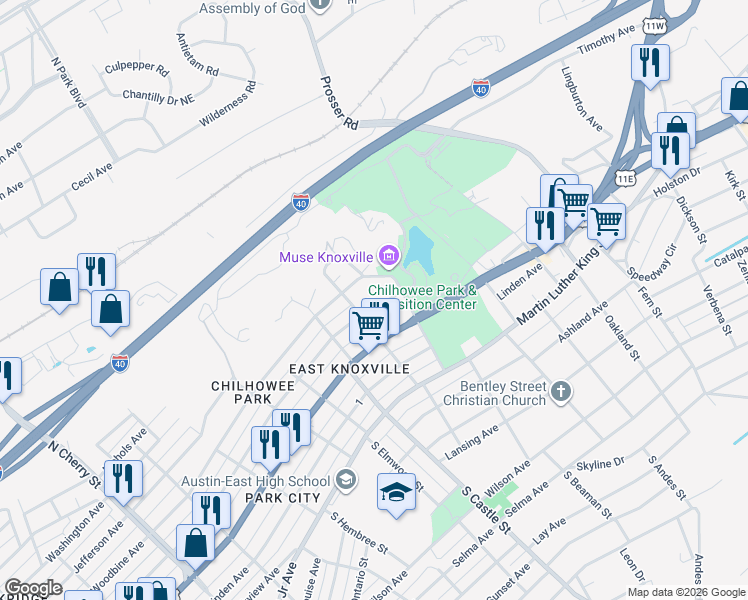 map of restaurants, bars, coffee shops, grocery stores, and more near 3217 East 5th Avenue in Knoxville