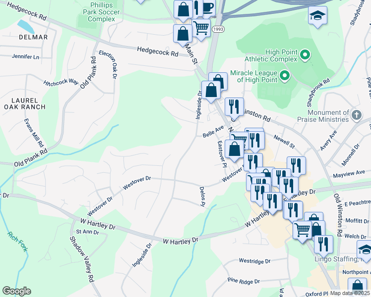 map of restaurants, bars, coffee shops, grocery stores, and more near 2919 Ingleside Drive in High Point