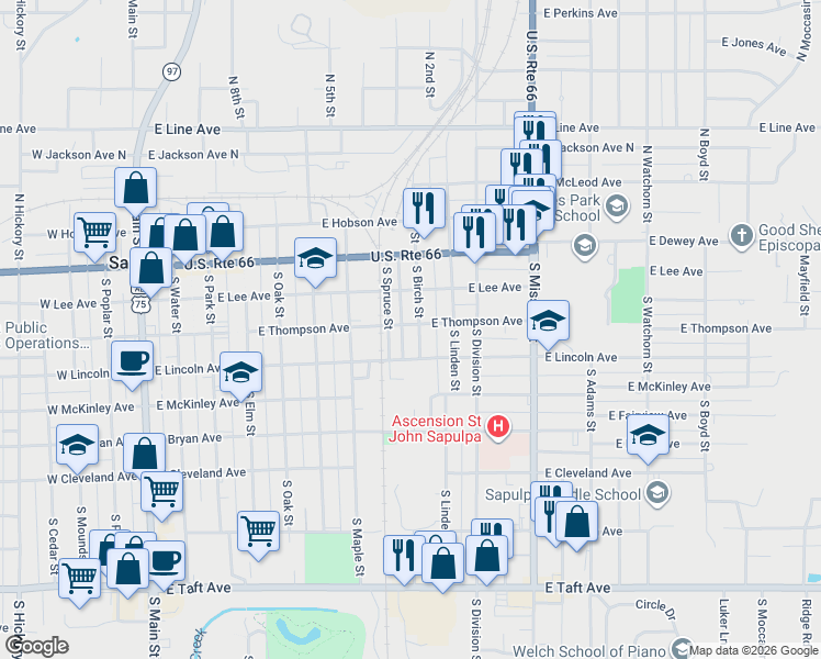 map of restaurants, bars, coffee shops, grocery stores, and more near 124 South Birch Street in Sapulpa