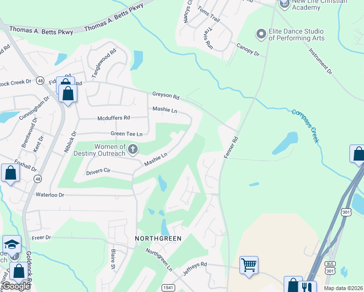map of restaurants, bars, coffee shops, grocery stores, and more near 1137 Mashie Lane in Rocky Mount
