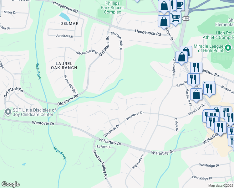 map of restaurants, bars, coffee shops, grocery stores, and more near 618 3 Oaks Drive in High Point