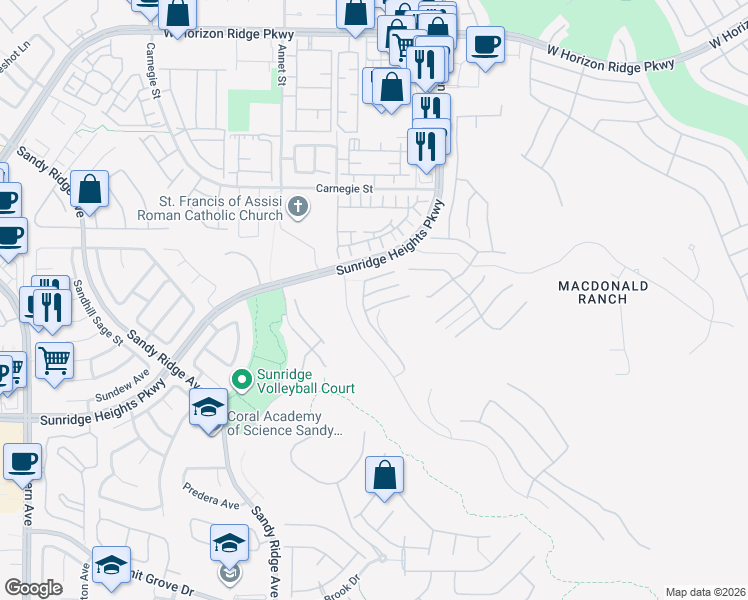 map of restaurants, bars, coffee shops, grocery stores, and more near 2272 Sunrise Ridge Court in Henderson