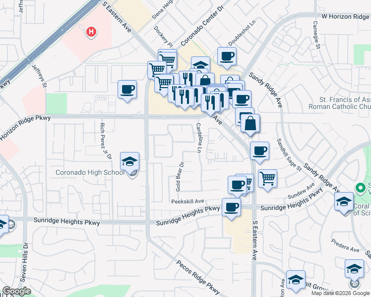 map of restaurants, bars, coffee shops, grocery stores, and more near 2731 Enchanted Isle Street in Henderson