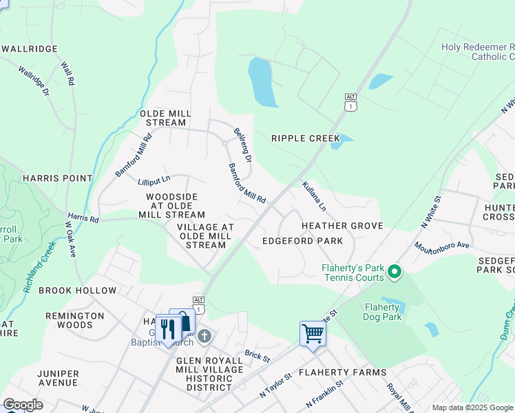 map of restaurants, bars, coffee shops, grocery stores, and more near 1329 Barnford Mill Road in Wake Forest