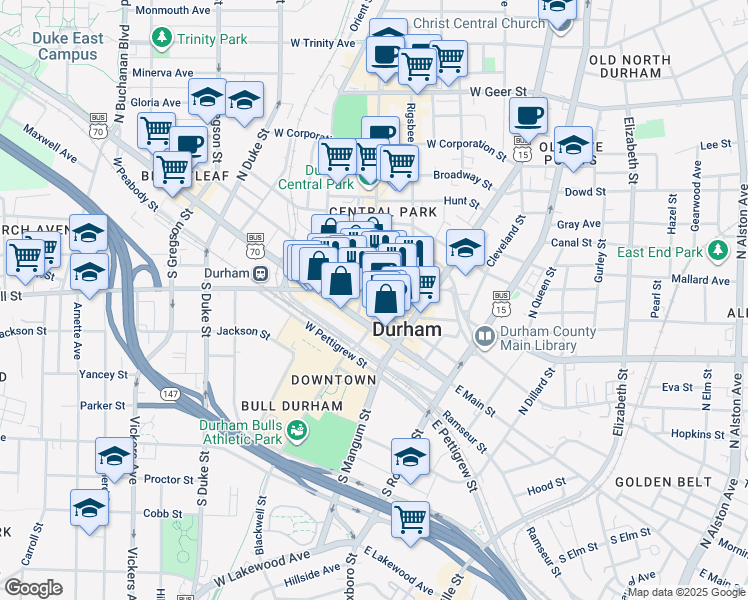 map of restaurants, bars, coffee shops, grocery stores, and more near in Durham