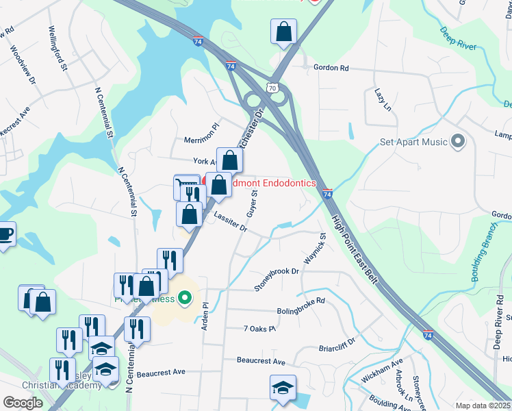 map of restaurants, bars, coffee shops, grocery stores, and more near 2504 Ambassador Court in High Point