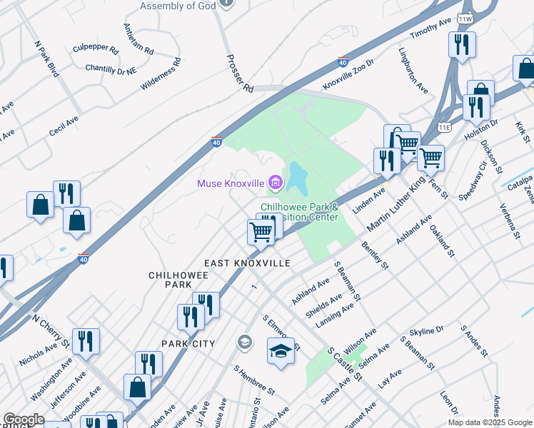 map of restaurants, bars, coffee shops, grocery stores, and more near 533 North Beaman Street in Knoxville