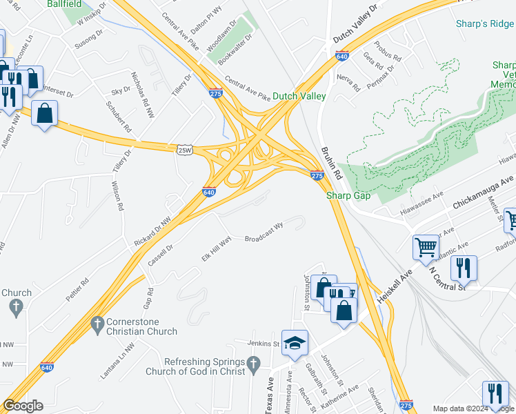 map of restaurants, bars, coffee shops, grocery stores, and more near 1205 Cassell Valley Way in Knoxville