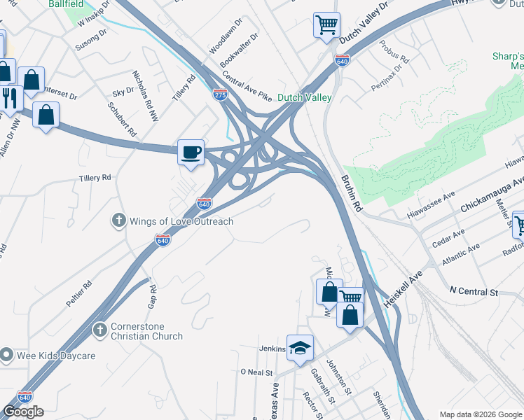 map of restaurants, bars, coffee shops, grocery stores, and more near 1205 Cassell Valley Way in Knoxville