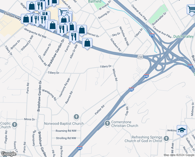 map of restaurants, bars, coffee shops, grocery stores, and more near 4501 Tillery Drive in Knoxville