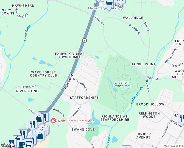 map of restaurants, bars, coffee shops, grocery stores, and more near 13120 Capital Boulevard in Wake Forest