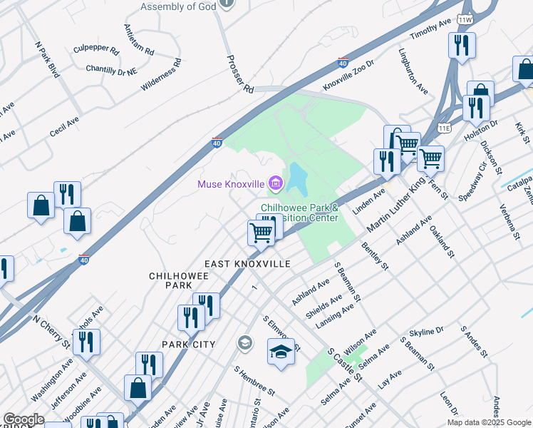 map of restaurants, bars, coffee shops, grocery stores, and more near 533 North Beaman Street in Knoxville