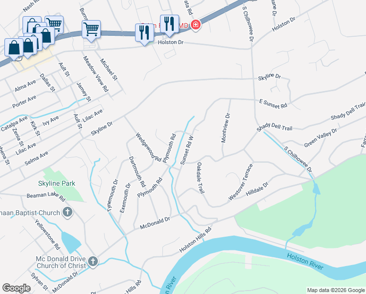 map of restaurants, bars, coffee shops, grocery stores, and more near 4714 Plymouth Road in Knoxville