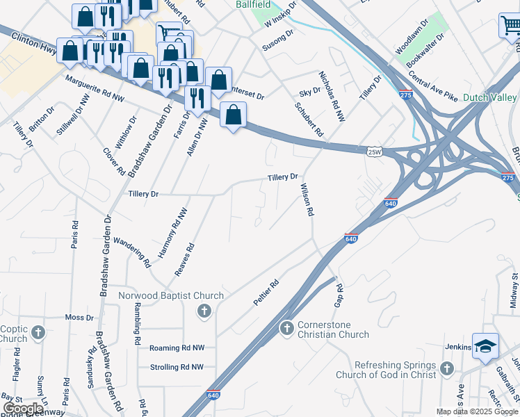 map of restaurants, bars, coffee shops, grocery stores, and more near 4501 Tillery Road in Knoxville