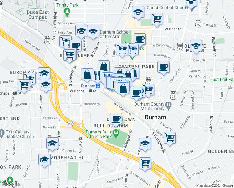 map of restaurants, bars, coffee shops, grocery stores, and more near 341 West Main Street in Durham