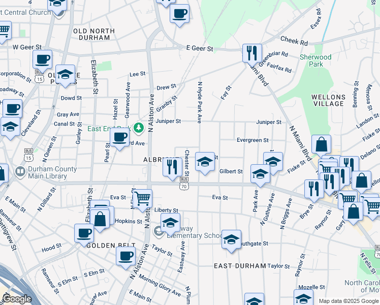 map of restaurants, bars, coffee shops, grocery stores, and more near 1104 Chester Street in Durham