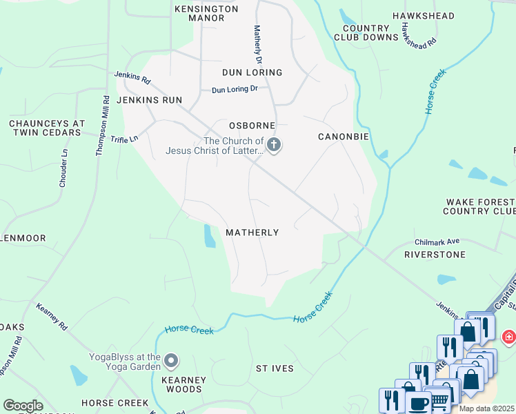 map of restaurants, bars, coffee shops, grocery stores, and more near 2800 Elsbeth Court in Wake Forest