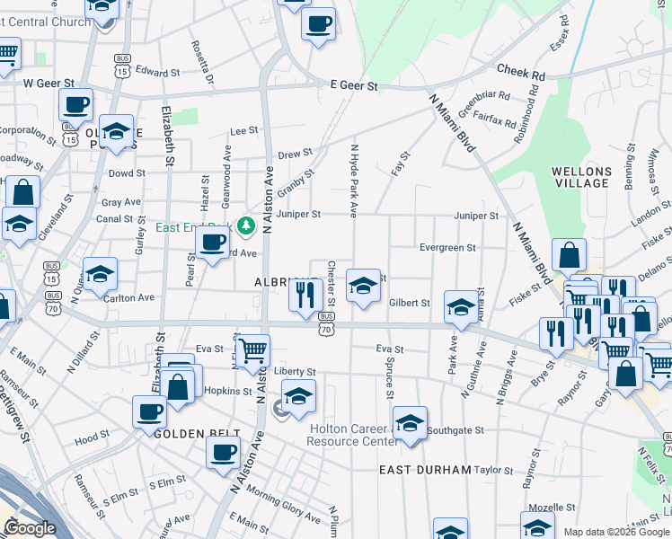 map of restaurants, bars, coffee shops, grocery stores, and more near 1111 Lowry Avenue in Durham