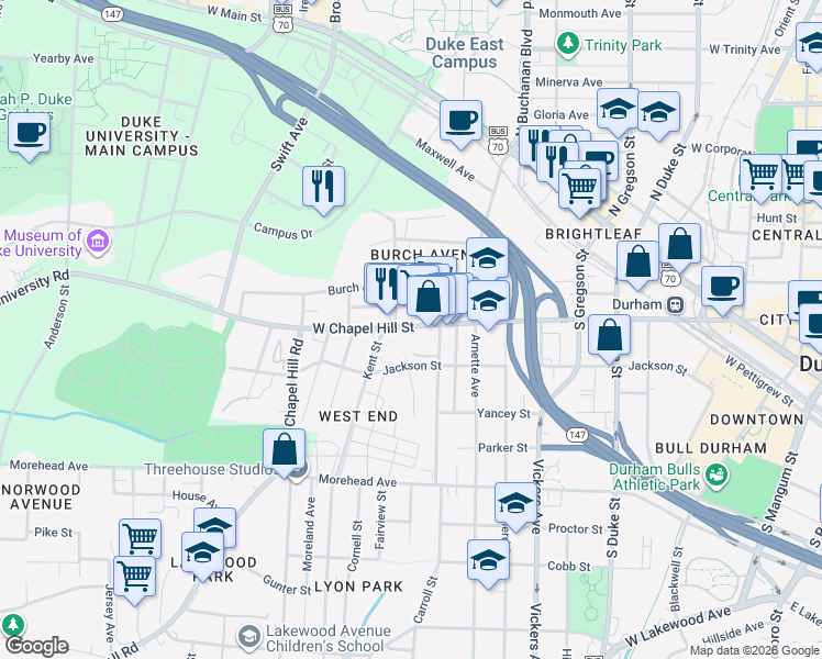 map of restaurants, bars, coffee shops, grocery stores, and more near 1111 West Chapel Hill Street in Durham