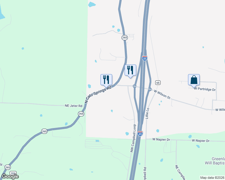 map of restaurants, bars, coffee shops, grocery stores, and more near 1289 West Wilson Street in Fayetteville