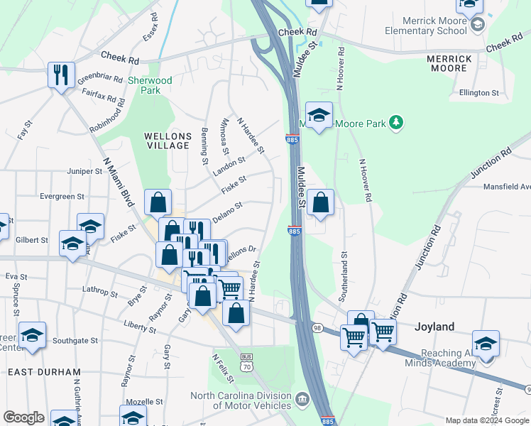 map of restaurants, bars, coffee shops, grocery stores, and more near 421 North Hardee Street in Durham