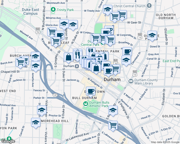 map of restaurants, bars, coffee shops, grocery stores, and more near 341 West Main Street in Durham