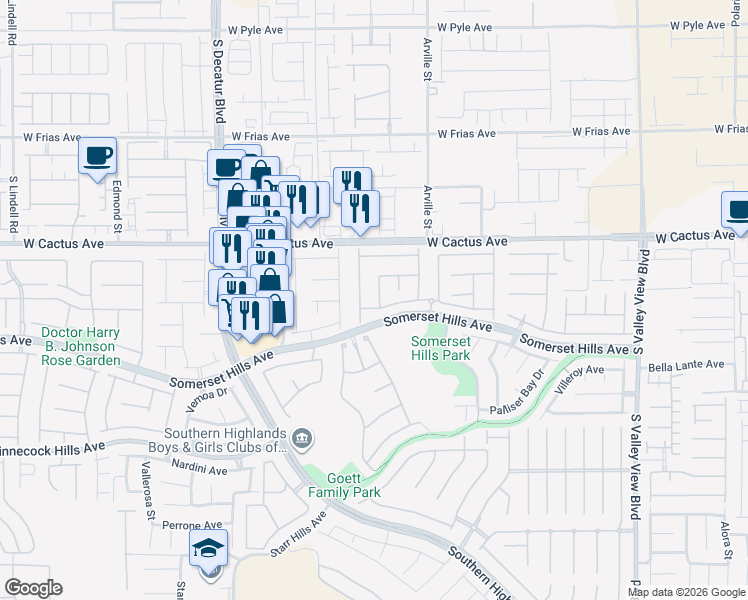 map of restaurants, bars, coffee shops, grocery stores, and more near 10611 Fabrica Street in Las Vegas