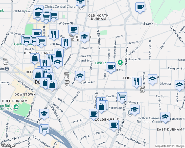 map of restaurants, bars, coffee shops, grocery stores, and more near 505 North Elizabeth Street in Durham