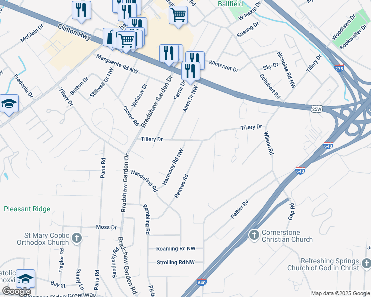 map of restaurants, bars, coffee shops, grocery stores, and more near 1400 Harmony Road Northwest in Knoxville