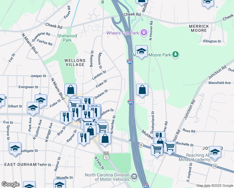 map of restaurants, bars, coffee shops, grocery stores, and more near 421 North Hardee Street in Durham