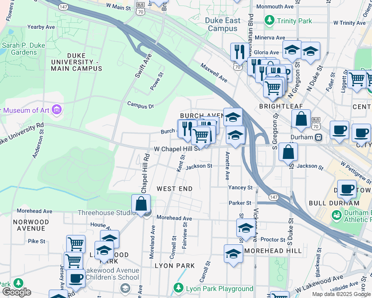 map of restaurants, bars, coffee shops, grocery stores, and more near 1212 W Chapel Hill St in Durham